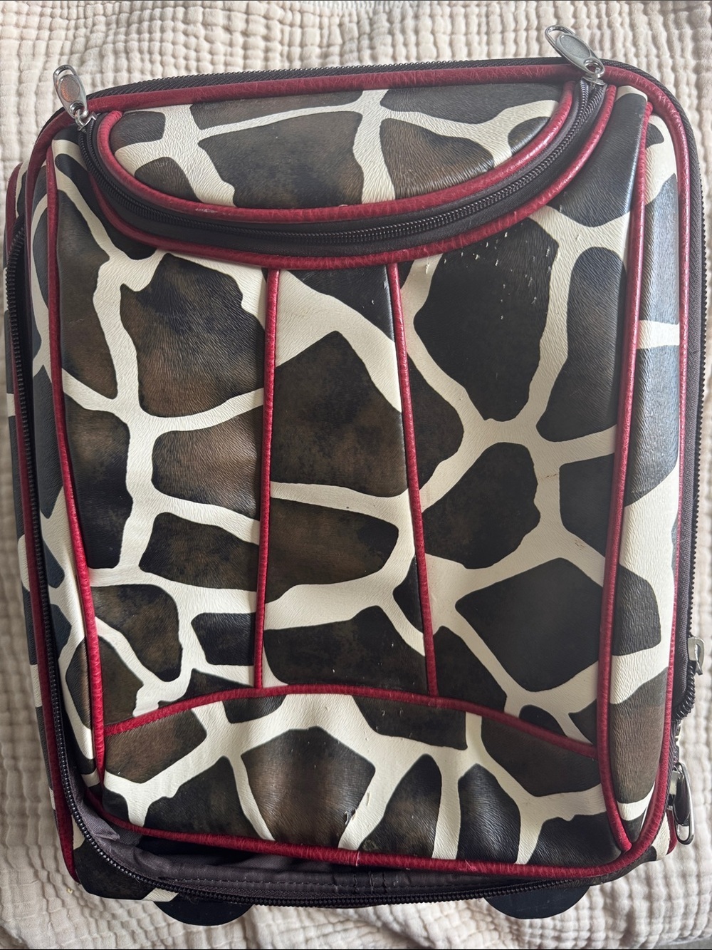 Animal Print Carry On Suitcase Bag with Burgundy Trim